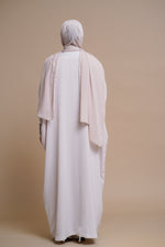 Load image into Gallery viewer, Embellished pearl gray abaya with handwork and olive piping.