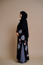 Load image into Gallery viewer, Premium luxury floral detailed black open abaya with gray chiffon panels.