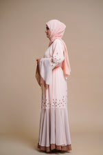 Load image into Gallery viewer, Embellished contrast-color abaya with laser-cut work