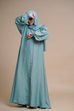 Load image into Gallery viewer, Organza flower embellished luxury abaya with hand and back embellishments.