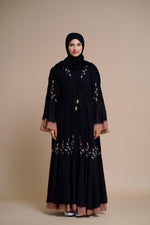Load image into Gallery viewer, Embellished contrast-color abaya with laser-cut work