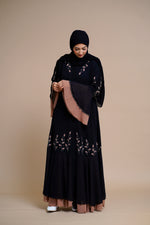 Load image into Gallery viewer, Embellished contrast-color abaya with laser-cut work