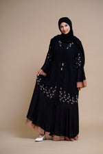 Load image into Gallery viewer, Embellished contrast-color abaya with laser-cut work