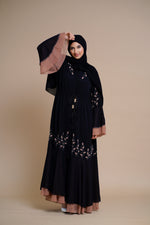 Load image into Gallery viewer, Embellished contrast-color abaya with laser-cut work