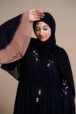 Load image into Gallery viewer, Embellished contrast-color abaya with laser-cut work
