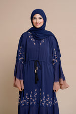 Load image into Gallery viewer, Embellished contrast-color abaya with laser-cut work