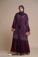 Load image into Gallery viewer, Embellished contrast-color abaya with laser-cut work