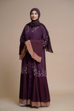 Load image into Gallery viewer, Embellished contrast-color abaya with laser-cut work