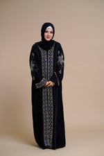 Load image into Gallery viewer, Embellished abaya with intricate front and back detailing.