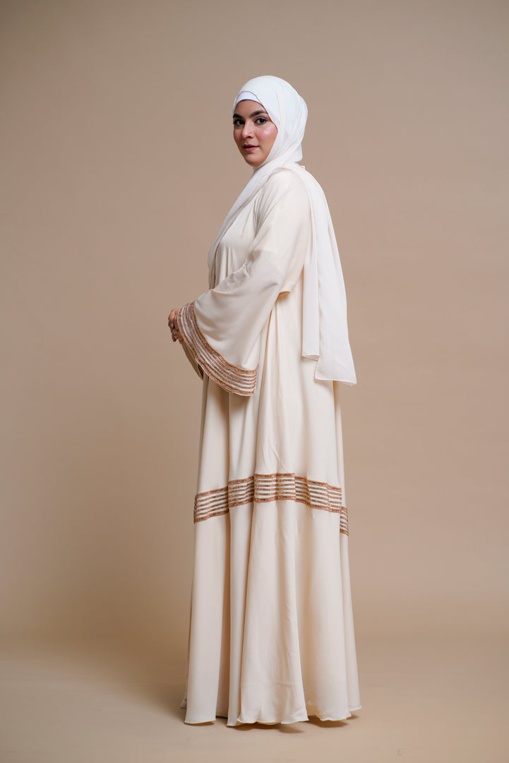 Golden Lace work Abaya- Beige