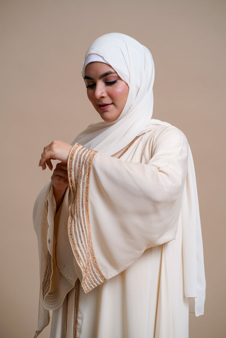 Golden Lace work Abaya- Beige