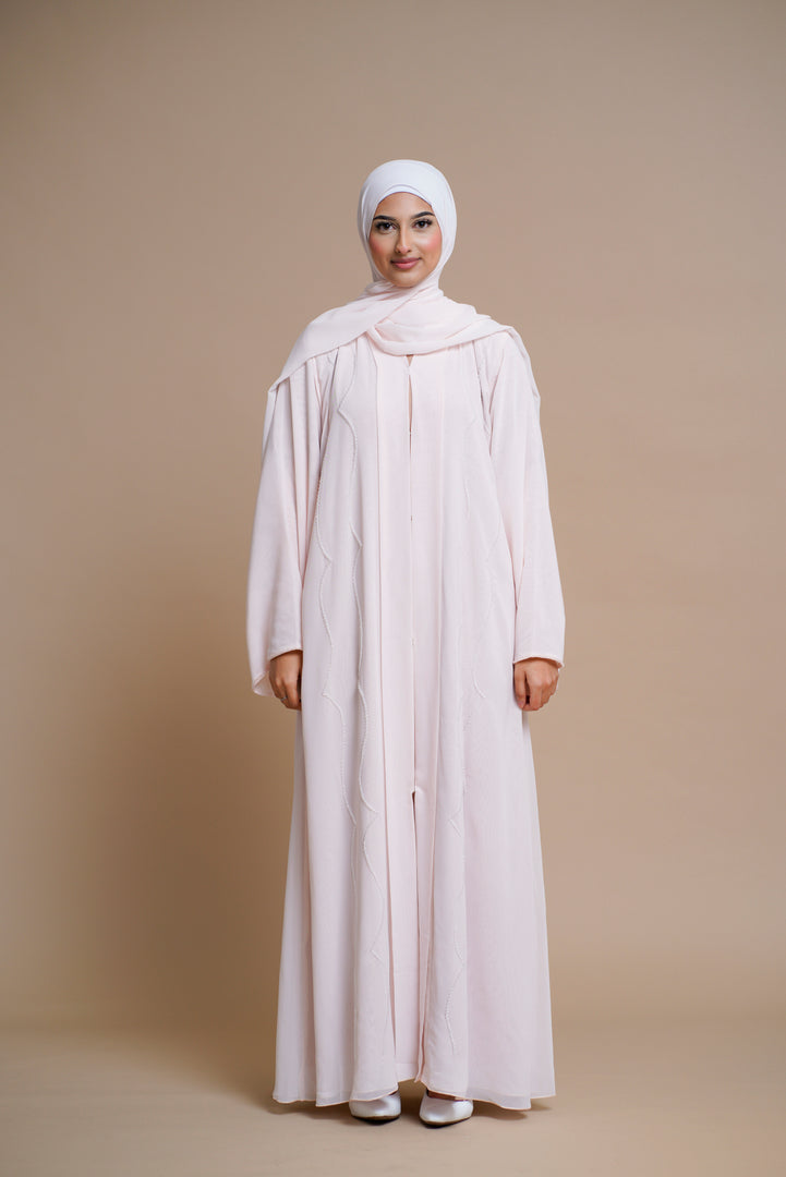 Premium Chiffon Embellished Abaya with Back Pleats (BABY PINK)