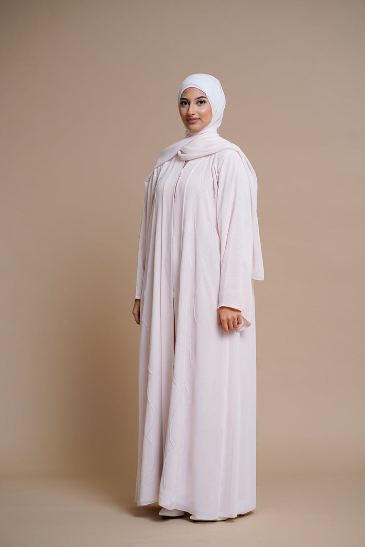 Premium Chiffon Embellished Abaya with Back Pleats (BABY PINK)