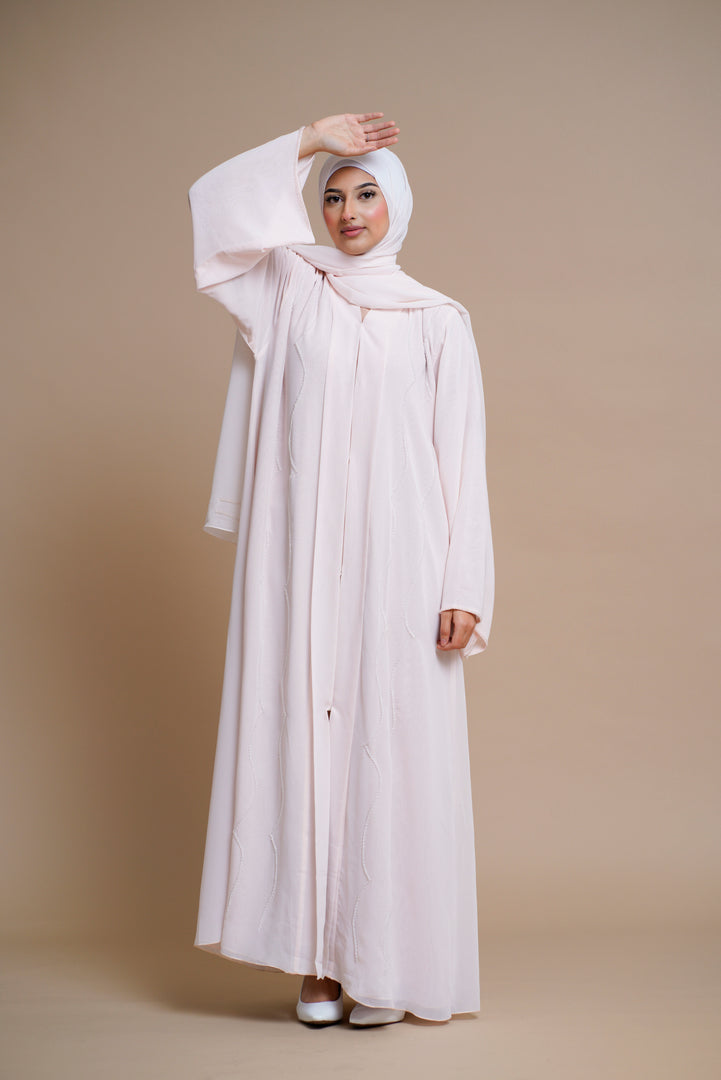 Premium Chiffon Embellished Abaya with Back Pleats (BABY PINK)