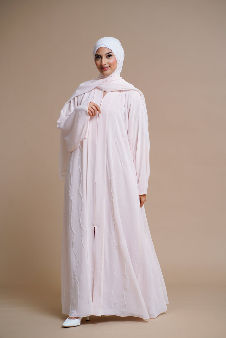 Premium Chiffon Embellished Abaya with Back Pleats (BABY PINK)