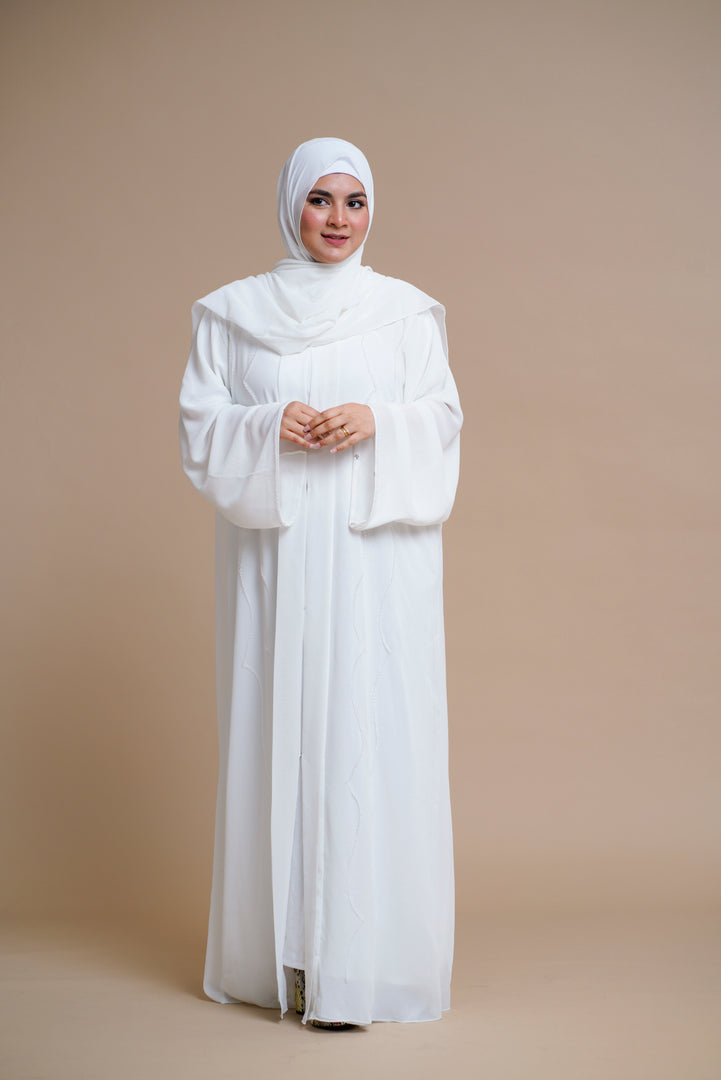 Embellished Luxury Double Chiffon Abaya with Back Pleats (White)