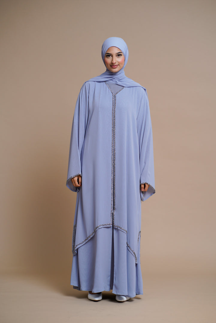 Luxury Embellished chain chiffon layered open abaya- ICE BLUE