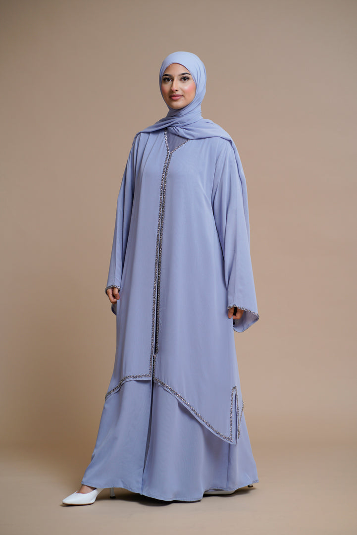 Luxury Embellished chain chiffon layered open abaya- ICE BLUE