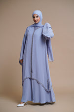 Load image into Gallery viewer, Luxury Embellished chain chiffon layered open abaya- ICE BLUE
