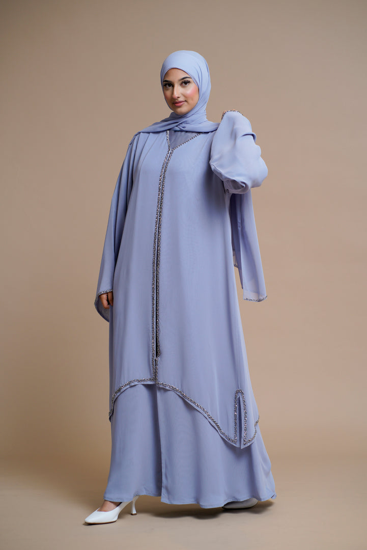 Luxury Embellished chain chiffon layered open abaya- ICE BLUE