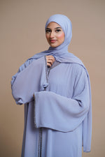 Load image into Gallery viewer, Luxury Embellished chain chiffon layered open abaya- ICE BLUE
