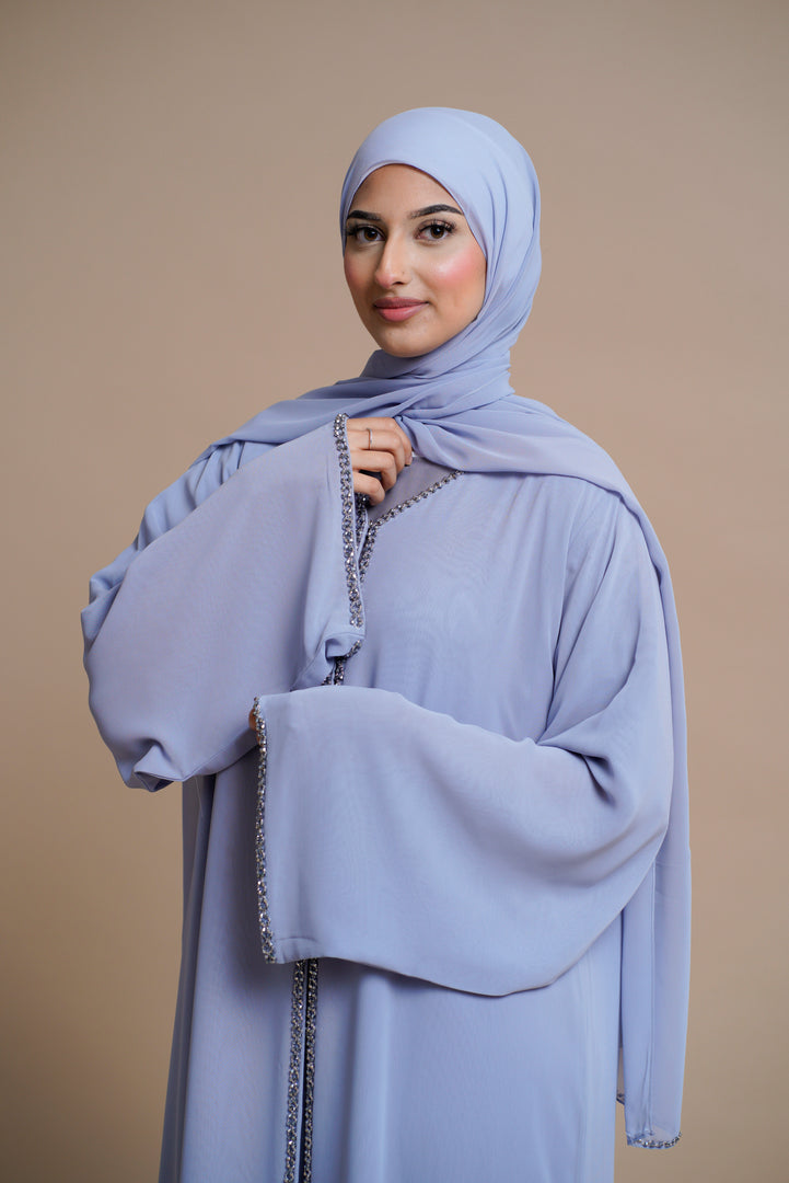 Luxury Embellished chain chiffon layered open abaya- ICE BLUE