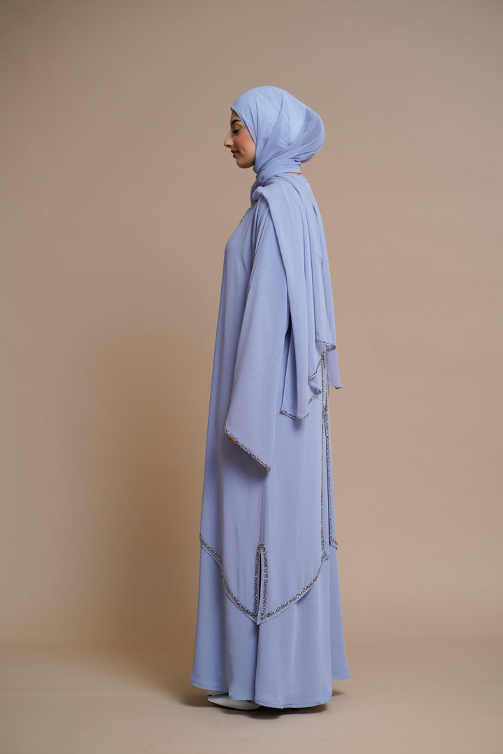 Luxury Embellished chain chiffon layered open abaya- ICE BLUE