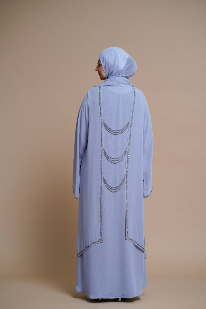 Luxury Embellished chain chiffon layered open abaya- ICE BLUE