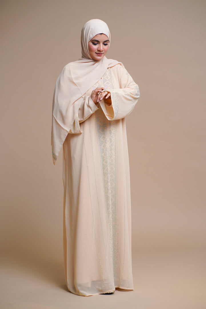 Embellished abaya with intricate front and back detailing. (Beige)