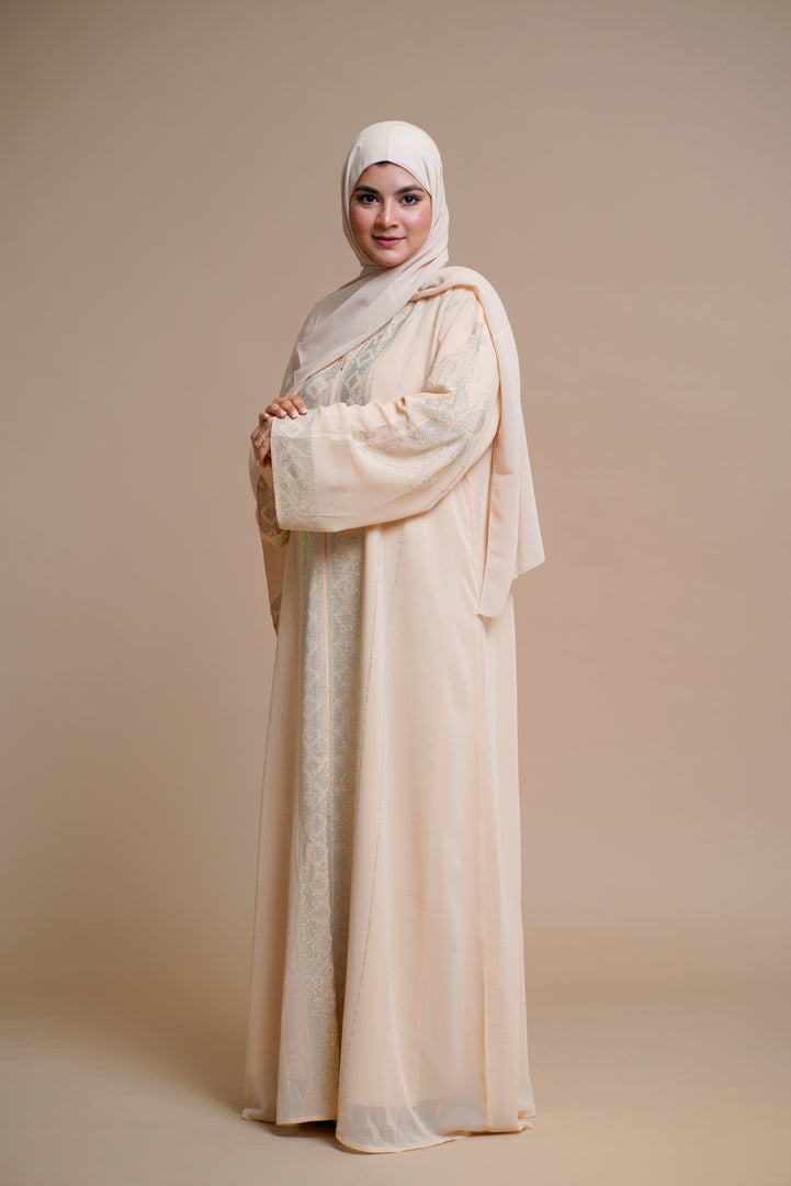 Embellished abaya with intricate front and back detailing. (Beige)