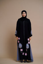 Load image into Gallery viewer, Premium luxury floral detailed black open abaya with gray chiffon panels.
