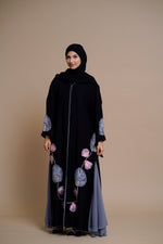 Load image into Gallery viewer, Premium luxury floral detailed black open abaya with gray chiffon panels.
