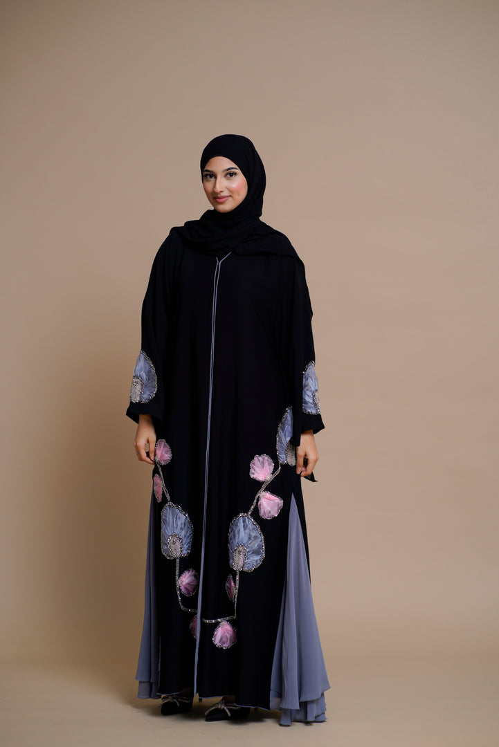 Premium luxury floral detailed black open abaya with gray chiffon panels.