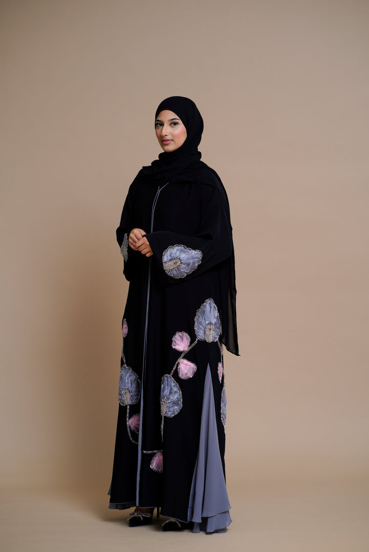 Premium luxury floral detailed black open abaya with gray chiffon panels.