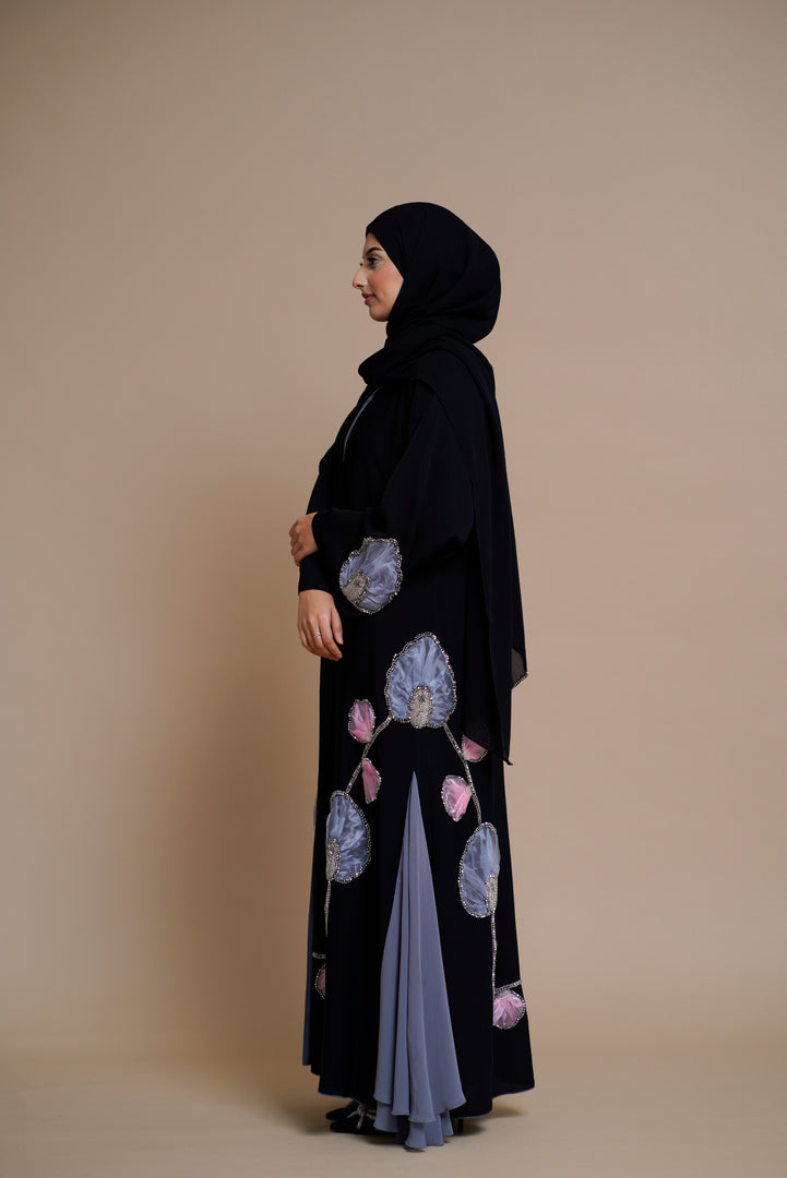 Premium luxury floral detailed black open abaya with gray chiffon panels.