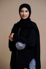 Load image into Gallery viewer, Premium luxury floral detailed black open abaya with gray chiffon panels.
