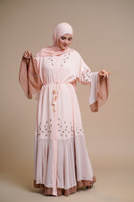 Load image into Gallery viewer, Embellished contrast-color abaya with laser-cut work
