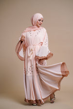 Load image into Gallery viewer, Embellished contrast-color abaya with laser-cut work
