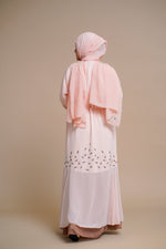 Load image into Gallery viewer, Embellished contrast-color abaya with laser-cut work
