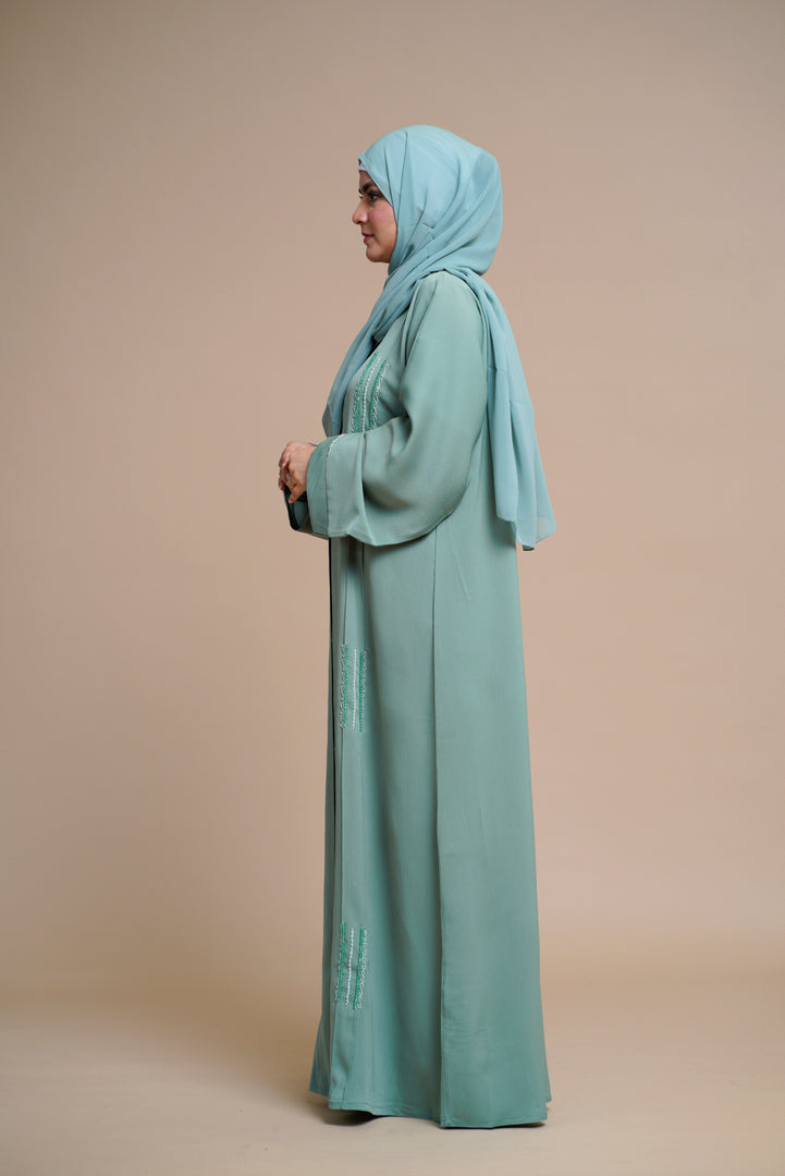 EMBELLISHED Hand Work OPEN ABAYA (Antique Blue)