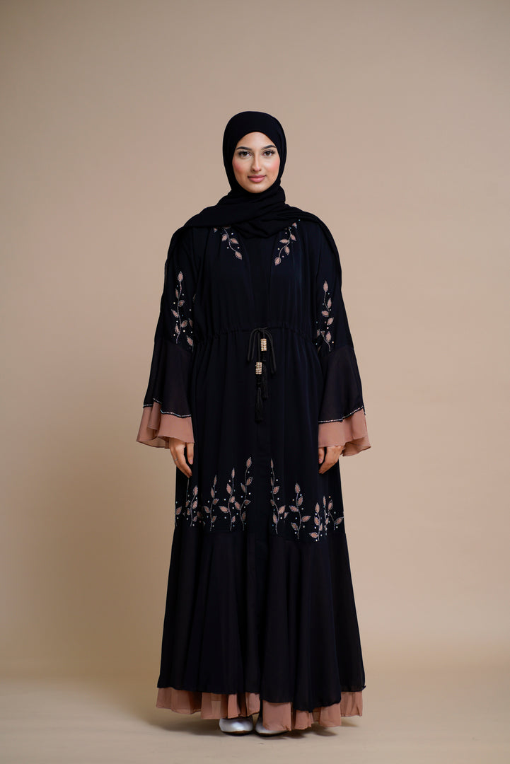 Embellished contrast-color abaya with laser-cut work