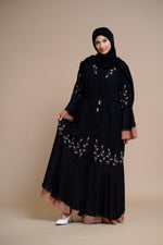 Load image into Gallery viewer, Embellished contrast-color abaya with laser-cut work
