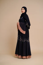 Load image into Gallery viewer, Embellished contrast-color abaya with laser-cut work
