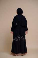 Load image into Gallery viewer, Embellished contrast-color abaya with laser-cut work
