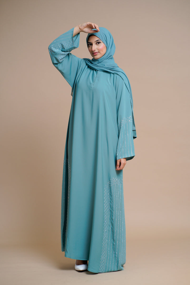 Embellished shiny closed Abaya (Blue)