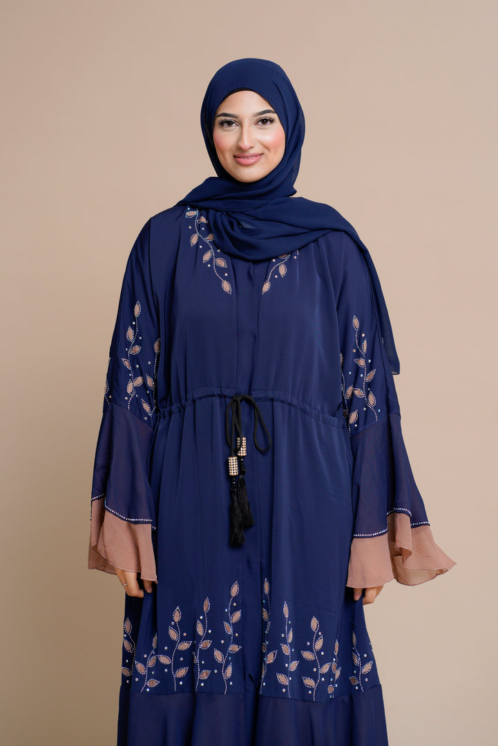 Embellished contrast-color abaya with laser-cut work