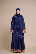 Load image into Gallery viewer, Embellished contrast-color abaya with laser-cut work
