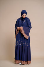 Load image into Gallery viewer, Embellished contrast-color abaya with laser-cut work
