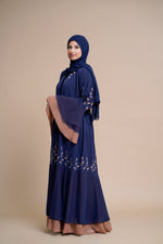 Load image into Gallery viewer, Embellished contrast-color abaya with laser-cut work
