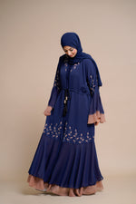 Load image into Gallery viewer, Embellished contrast-color abaya with laser-cut work
